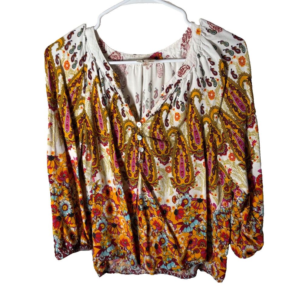 Fig & Flower Blouse Women's Large 3/4 Sleeve Paisley Printed Colorful Shirt